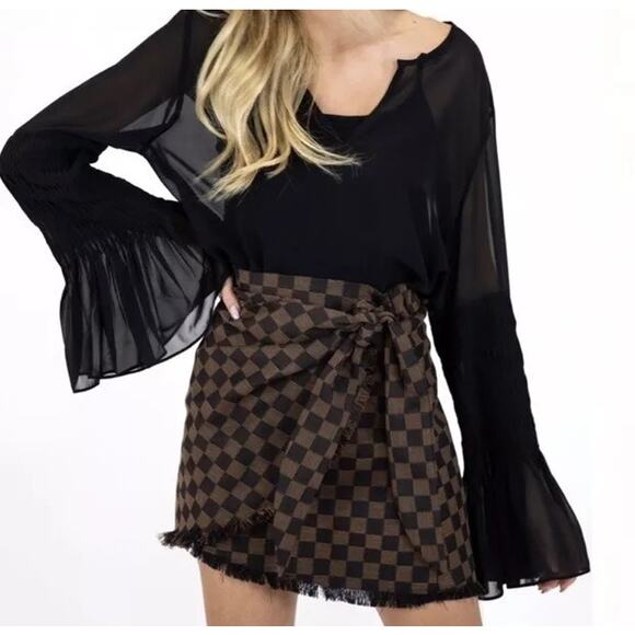 Judith March Check Mate Brown Jacquard Wrap Skirt Women’s Medium Plaid Fringe - Picture 2 of 10
